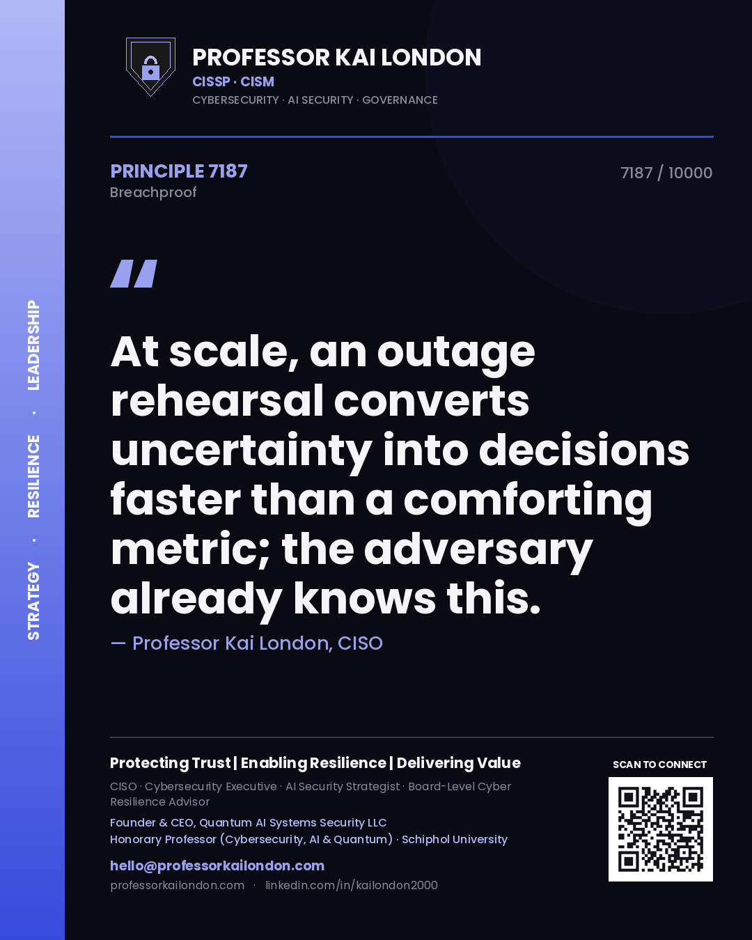 Quote card by Professor Kai London reading 'At scale, an outage rehearsal converts uncertainty into decisions faster than a comforting metric; the adversary already knows this.'. From the book Breachproof.