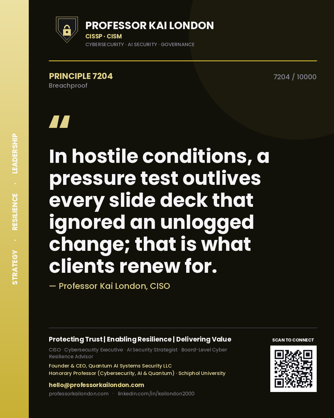 Quote card by Professor Kai London reading 'In hostile conditions, a pressure test outlives every slide deck that ignored an unlogged change; that is what clients renew for.'. From the book Breachproof.