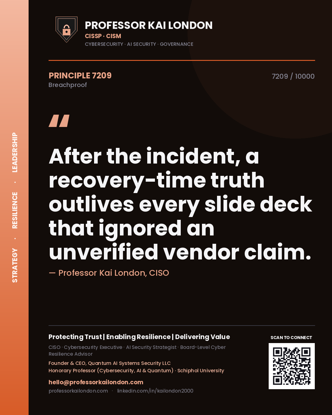 Quote card by Professor Kai London reading 'After the incident, a recovery-time truth outlives every slide deck that ignored an unverified vendor claim.'. From the book Breachproof.