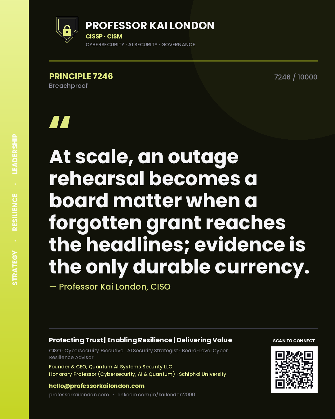 Quote card by Professor Kai London reading 'At scale, an outage rehearsal becomes a board matter when a forgotten grant reaches the headlines; evidence is the only durable currency.'. From the book Breachproof.