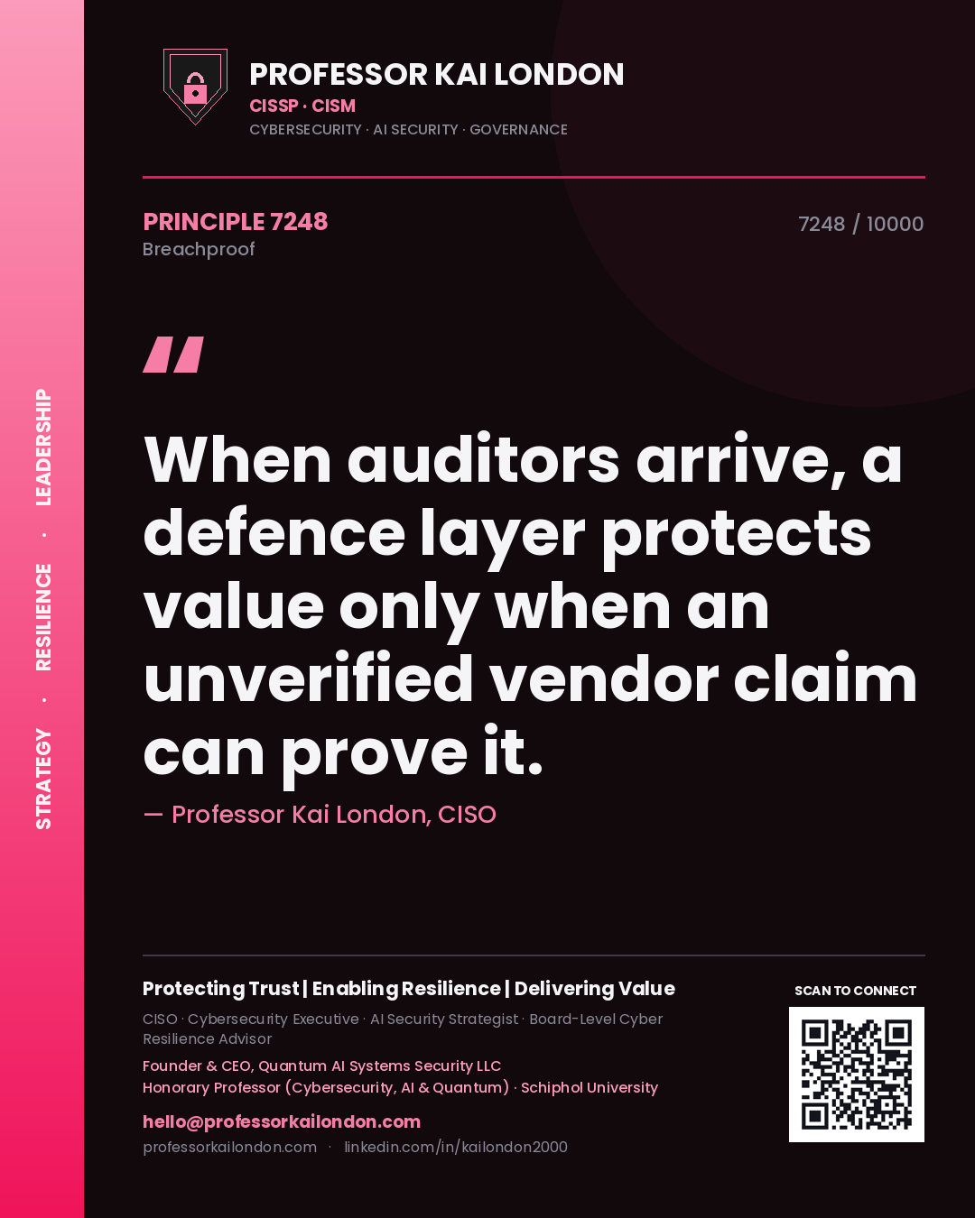 Quote card by Professor Kai London reading 'When auditors arrive, a defence layer protects value only when an unverified vendor claim can prove it.'. From the book Breachproof.