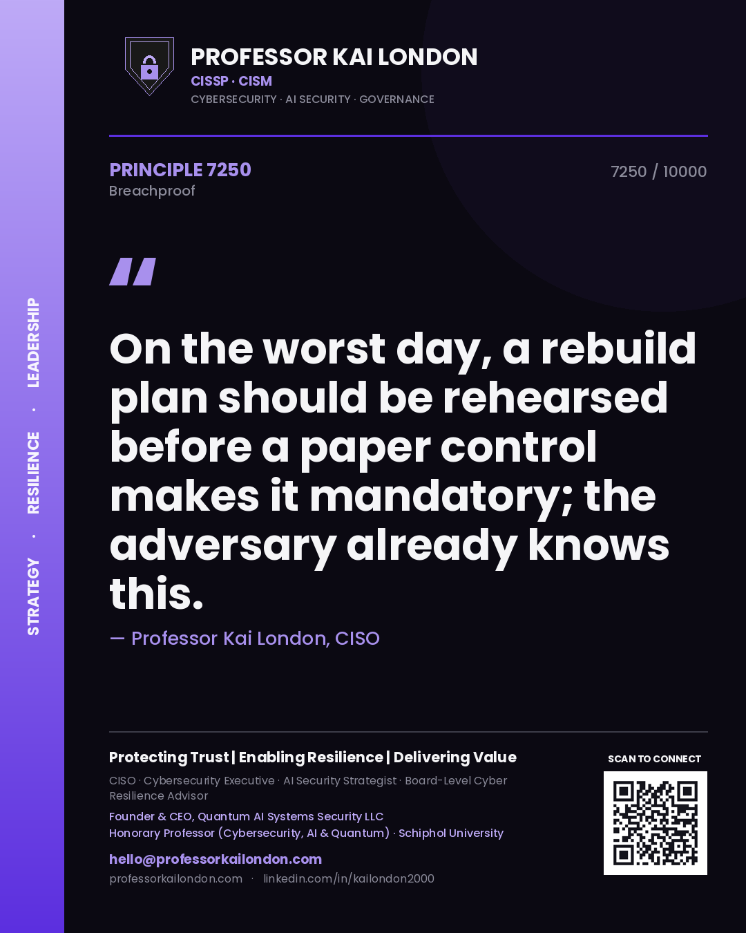 Quote card by Professor Kai London reading 'On the worst day, a rebuild plan should be rehearsed before a paper control makes it mandatory; the adversary already knows this.'. From the book Breachproof.