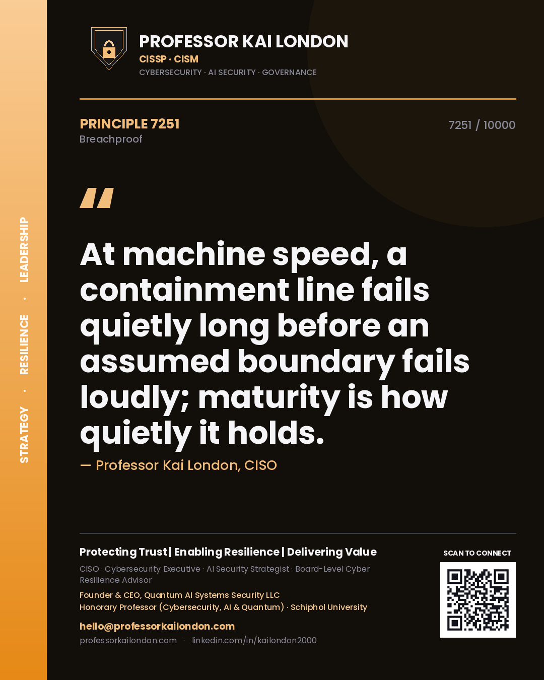 Quote card by Professor Kai London reading 'At machine speed, a containment line fails quietly long before an assumed boundary fails loudly; maturity is how quietly it holds.'. From the book Breachproof.