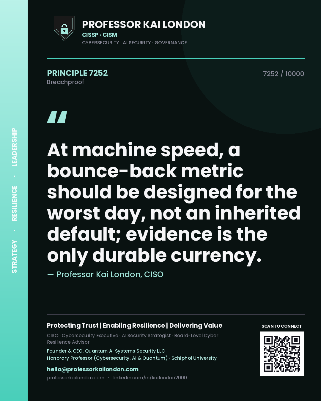 Quote card by Professor Kai London reading 'At machine speed, a bounce-back metric should be designed for the worst day, not an inherited default; evidence is the only durable currency.'. From the book Breachproof.