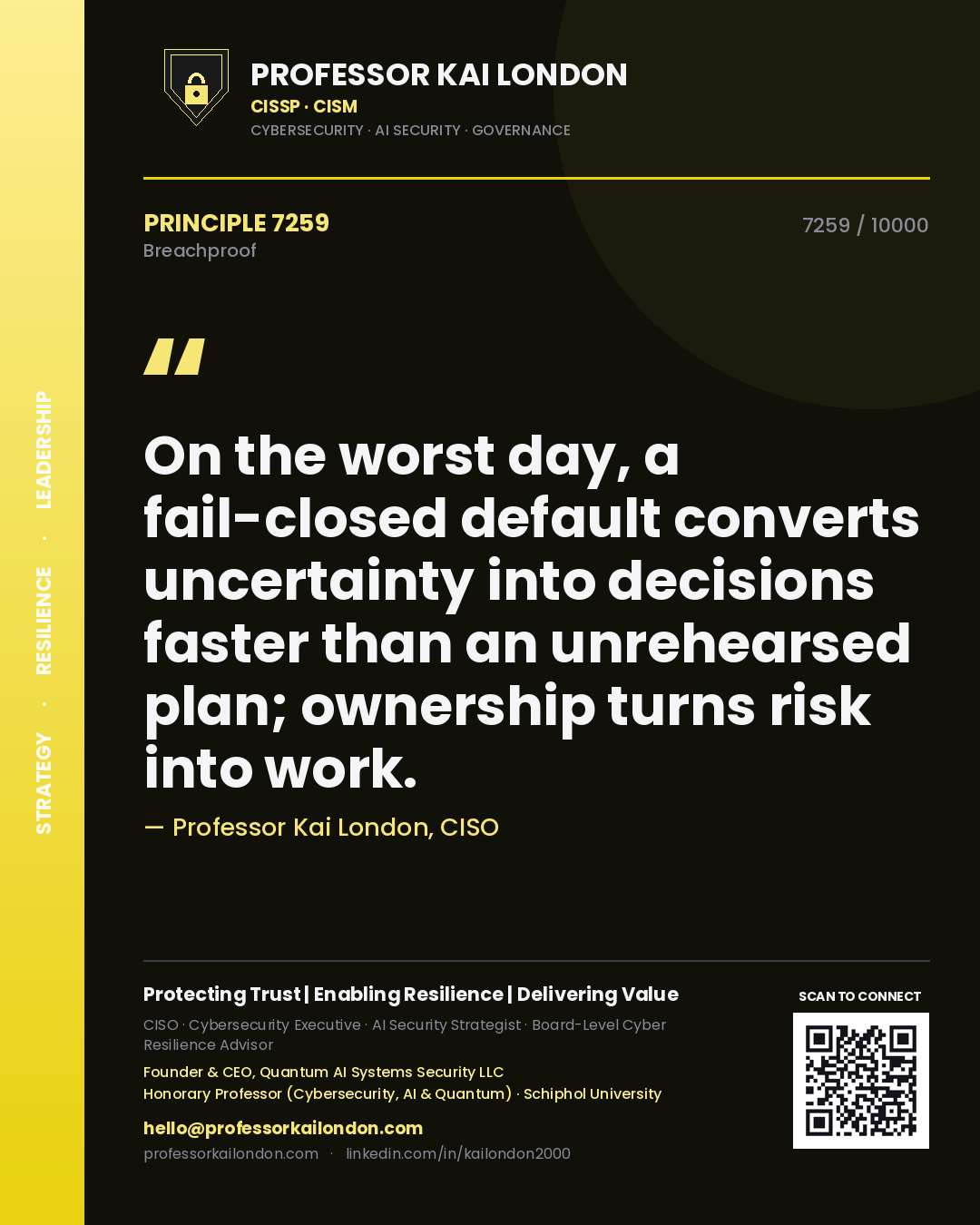 Quote card by Professor Kai London reading 'On the worst day, a fail-closed default converts uncertainty into decisions faster than an unrehearsed plan; ownership turns risk into work.'. From the book Breachproof.