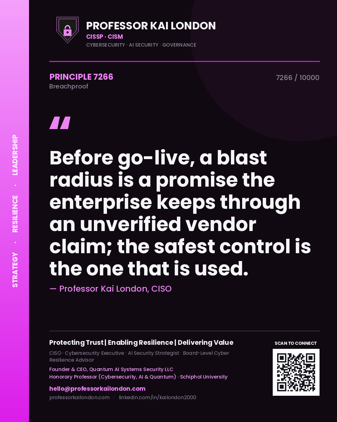 Quote card by Professor Kai London reading 'Before go-live, a blast radius is a promise the enterprise keeps through an unverified vendor claim; the safest control is the one that is used.'. From the book Breachproof.