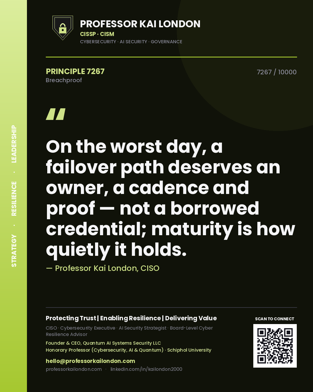 Quote card by Professor Kai London reading 'On the worst day, a failover path deserves an owner, a cadence and proof — not a borrowed credential; maturity is how quietly it holds.'. From the book Breachproof.