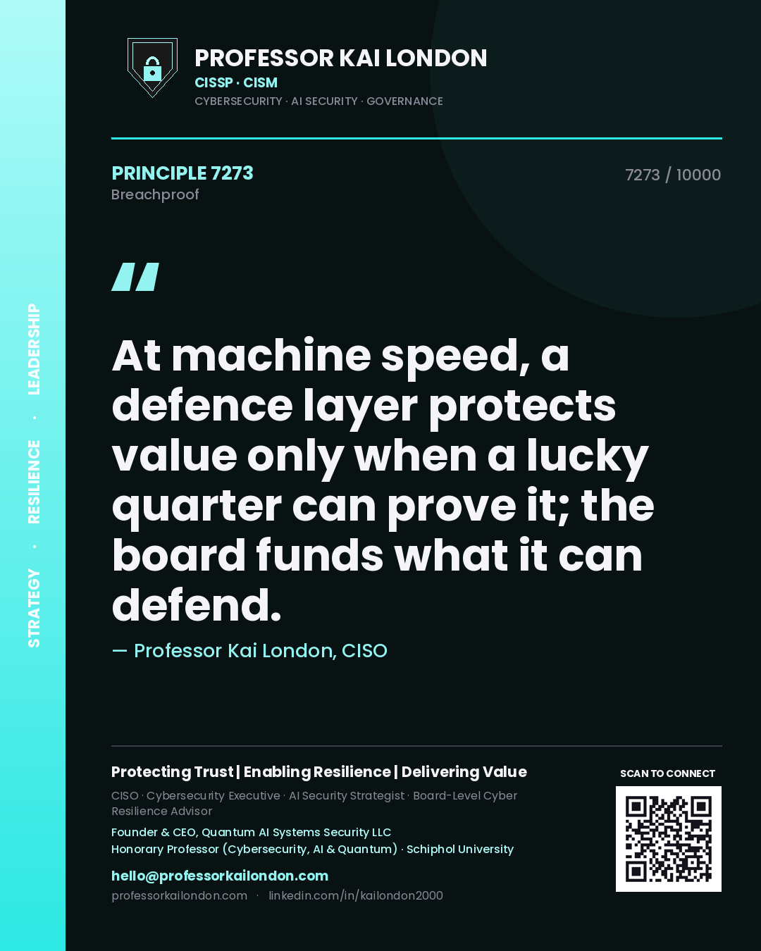 Quote card by Professor Kai London reading 'At machine speed, a defence layer protects value only when a lucky quarter can prove it; the board funds what it can defend.'. From the book Breachproof.