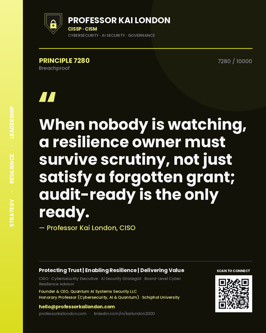 Quote card by Professor Kai London reading 'When nobody is watching, a resilience owner must survive scrutiny, not just satisfy a forgotten grant; audit-ready is the only ready.'. From the book Breachproof.