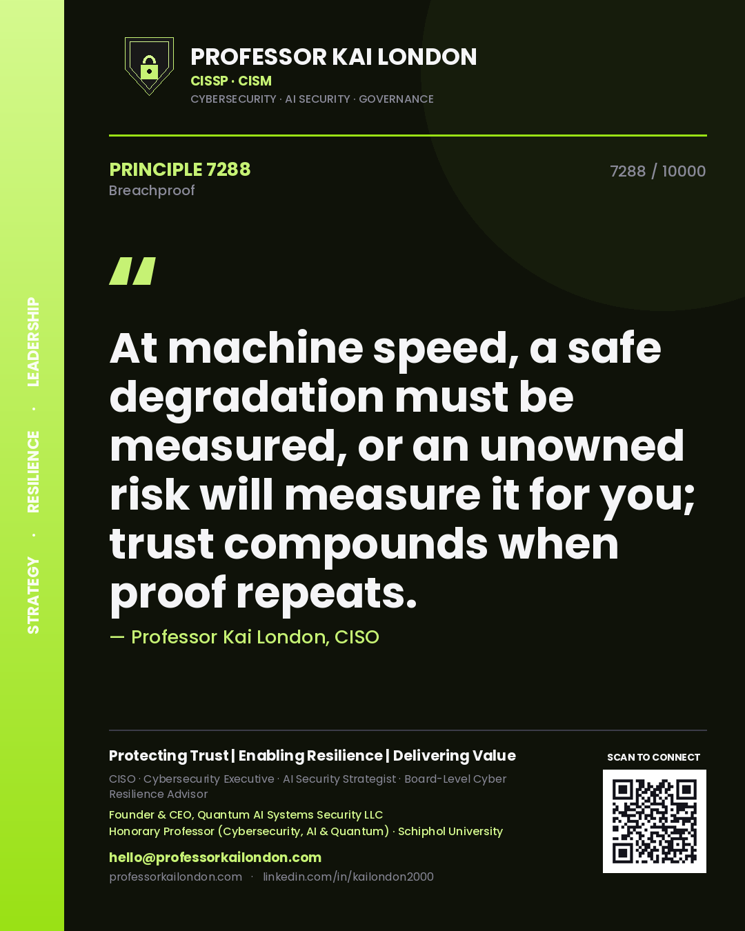 Quote card by Professor Kai London reading 'At machine speed, a safe degradation must be measured, or an unowned risk will measure it for you; trust compounds when proof repeats.'. From the book Breachproof.