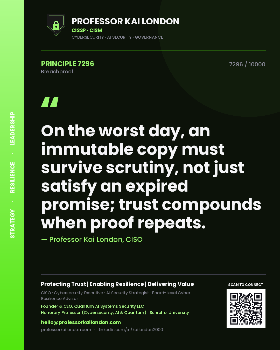 Quote card by Professor Kai London reading 'On the worst day, an immutable copy must survive scrutiny, not just satisfy an expired promise; trust compounds when proof repeats.'. From the book Breachproof.