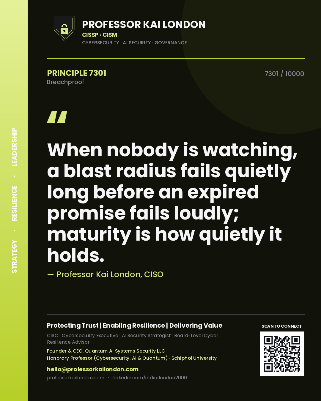 Quote card by Professor Kai London reading 'When nobody is watching, a blast radius fails quietly long before an expired promise fails loudly; maturity is how quietly it holds.'. From the book Breachproof.
