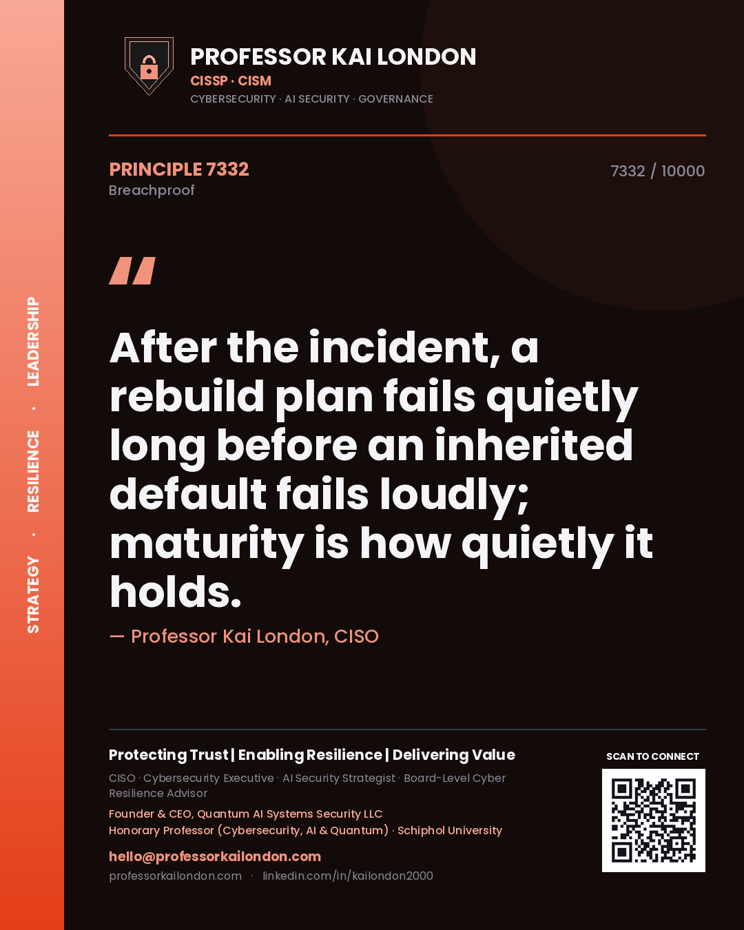 Quote card by Professor Kai London reading 'After the incident, a rebuild plan fails quietly long before an inherited default fails loudly; maturity is how quietly it holds.'. From the book Breachproof.