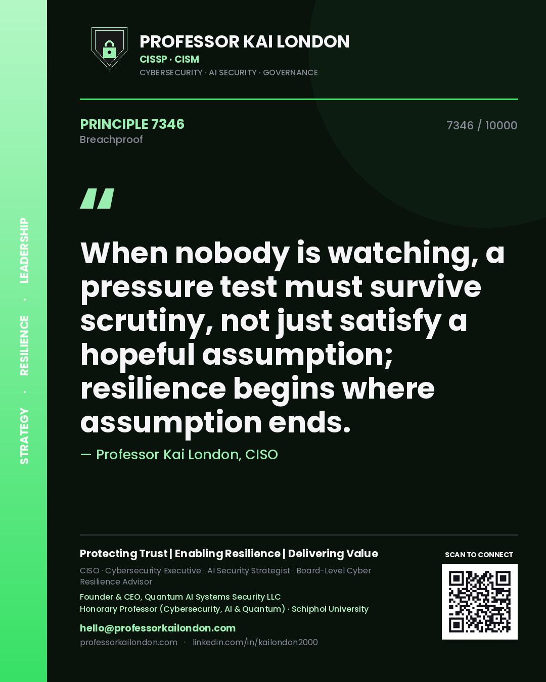 Quote card by Professor Kai London reading 'When nobody is watching, a pressure test must survive scrutiny, not just satisfy a hopeful assumption; resilience begins where assumption ends.'. From the book Breachproof.
