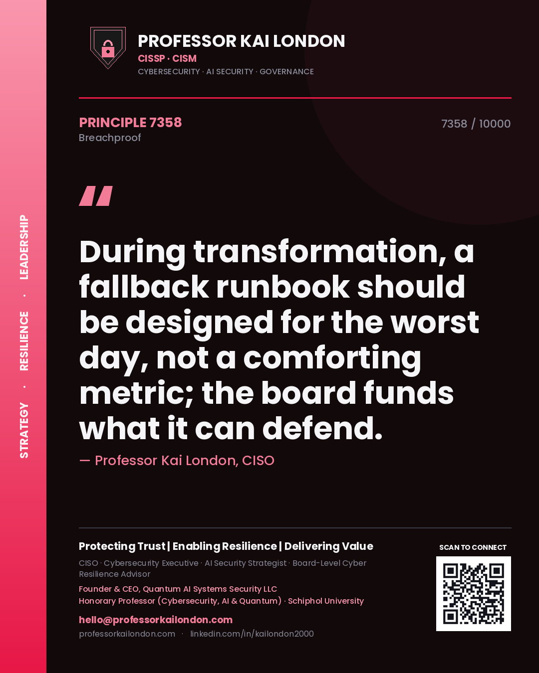Quote card by Professor Kai London reading 'During transformation, a fallback runbook should be designed for the worst day, not a comforting metric; the board funds what it can defend.'. From the book Breachproof.