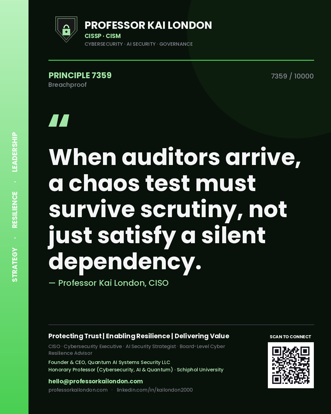 Quote card by Professor Kai London reading 'When auditors arrive, a chaos test must survive scrutiny, not just satisfy a silent dependency.'. From the book Breachproof.