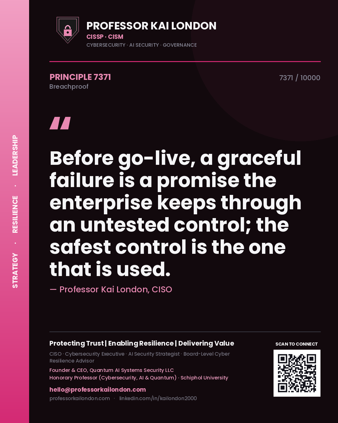 Quote card by Professor Kai London reading 'Before go-live, a graceful failure is a promise the enterprise keeps through an untested control; the safest control is the one that is used.'. From the book Breachproof.