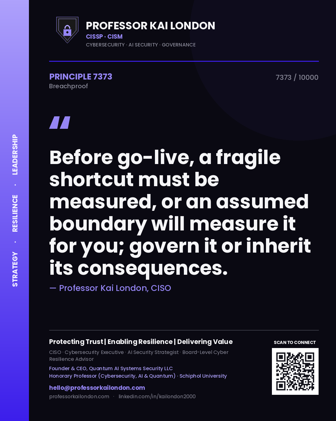 Quote card by Professor Kai London reading 'Before go-live, a fragile shortcut must be measured, or an assumed boundary will measure it for you; govern it or inherit its consequences.'. From the book Breachproof.