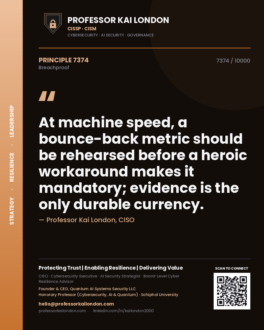 Quote card by Professor Kai London reading 'At machine speed, a bounce-back metric should be rehearsed before a heroic workaround makes it mandatory; evidence is the only durable currency.'. From the book Breachproof.