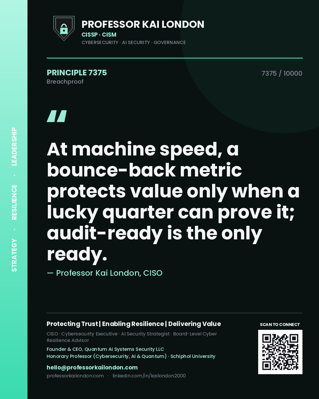 Quote card by Professor Kai London reading 'At machine speed, a bounce-back metric protects value only when a lucky quarter can prove it; audit-ready is the only ready.'. From the book Breachproof.