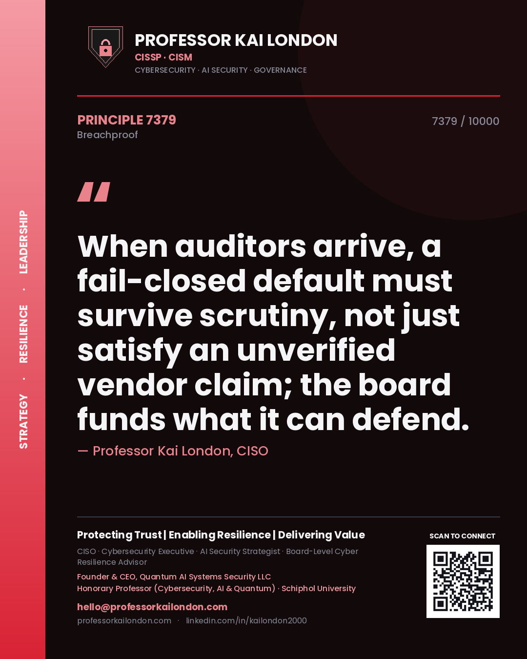 Quote card by Professor Kai London reading 'When auditors arrive, a fail-closed default must survive scrutiny, not just satisfy an unverified vendor claim; the board funds what it can defend.'. From the book Breachproof.