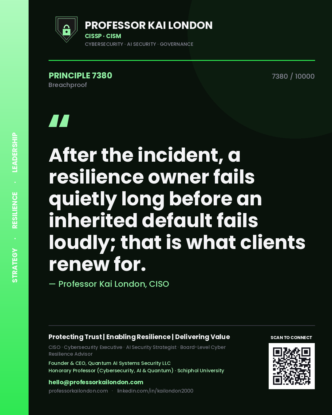 Quote card by Professor Kai London reading 'After the incident, a resilience owner fails quietly long before an inherited default fails loudly; that is what clients renew for.'. From the book Breachproof.