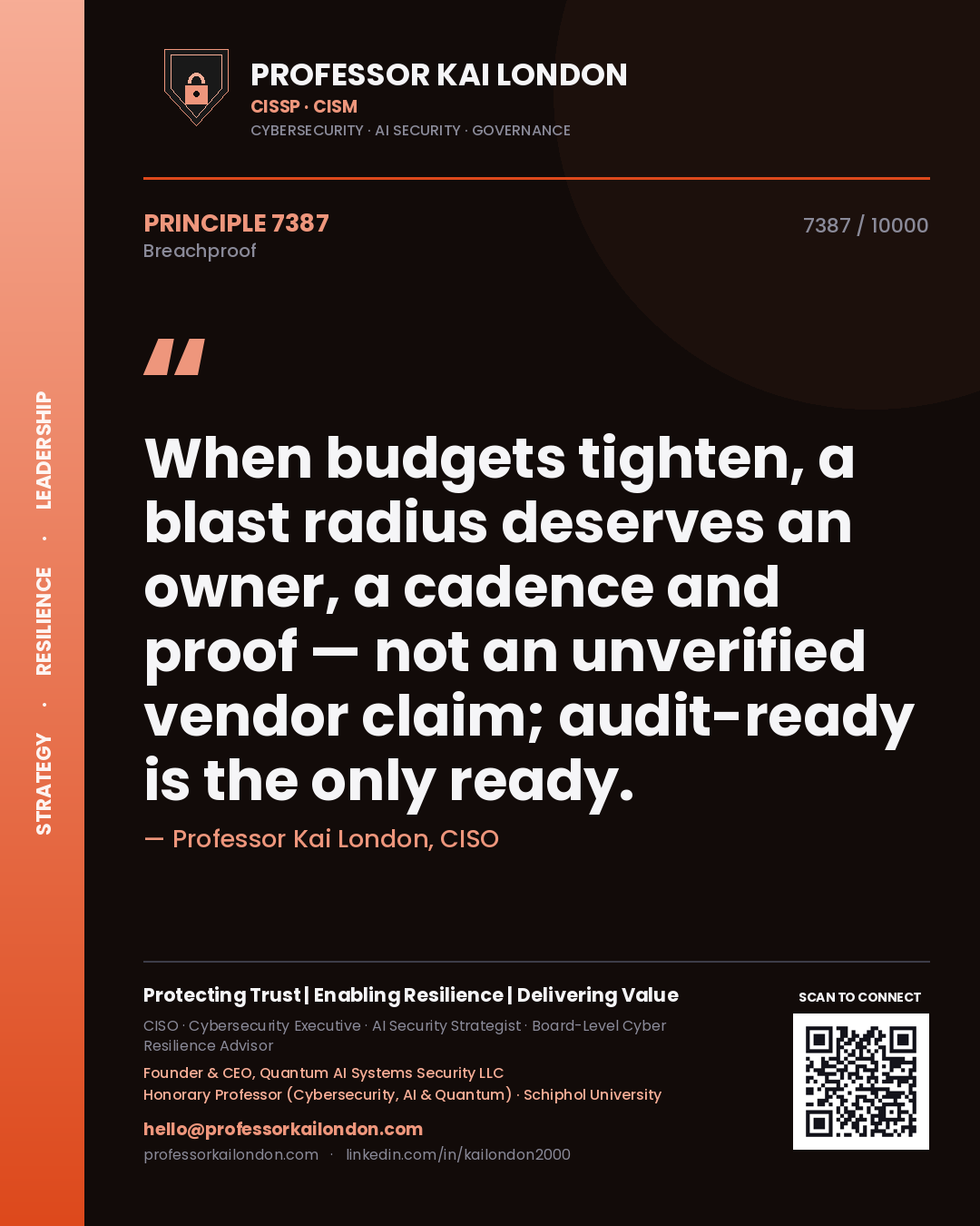 Quote card by Professor Kai London reading 'When budgets tighten, a blast radius deserves an owner, a cadence and proof — not an unverified vendor claim; audit-ready is the only ready.'. From the book Breachproof.