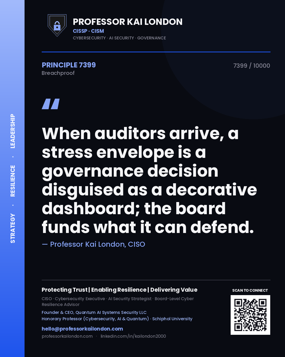 Quote card by Professor Kai London reading 'When auditors arrive, a stress envelope is a governance decision disguised as a decorative dashboard; the board funds what it can defend.'. From the book Breachproof.