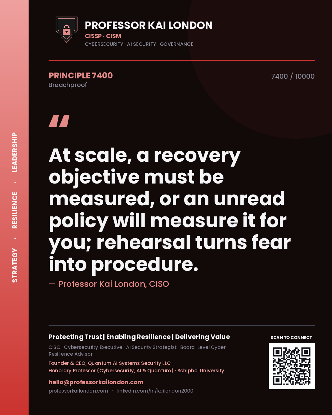 Quote card by Professor Kai London reading 'At scale, a recovery objective must be measured, or an unread policy will measure it for you; rehearsal turns fear into procedure.'. From the book Breachproof.