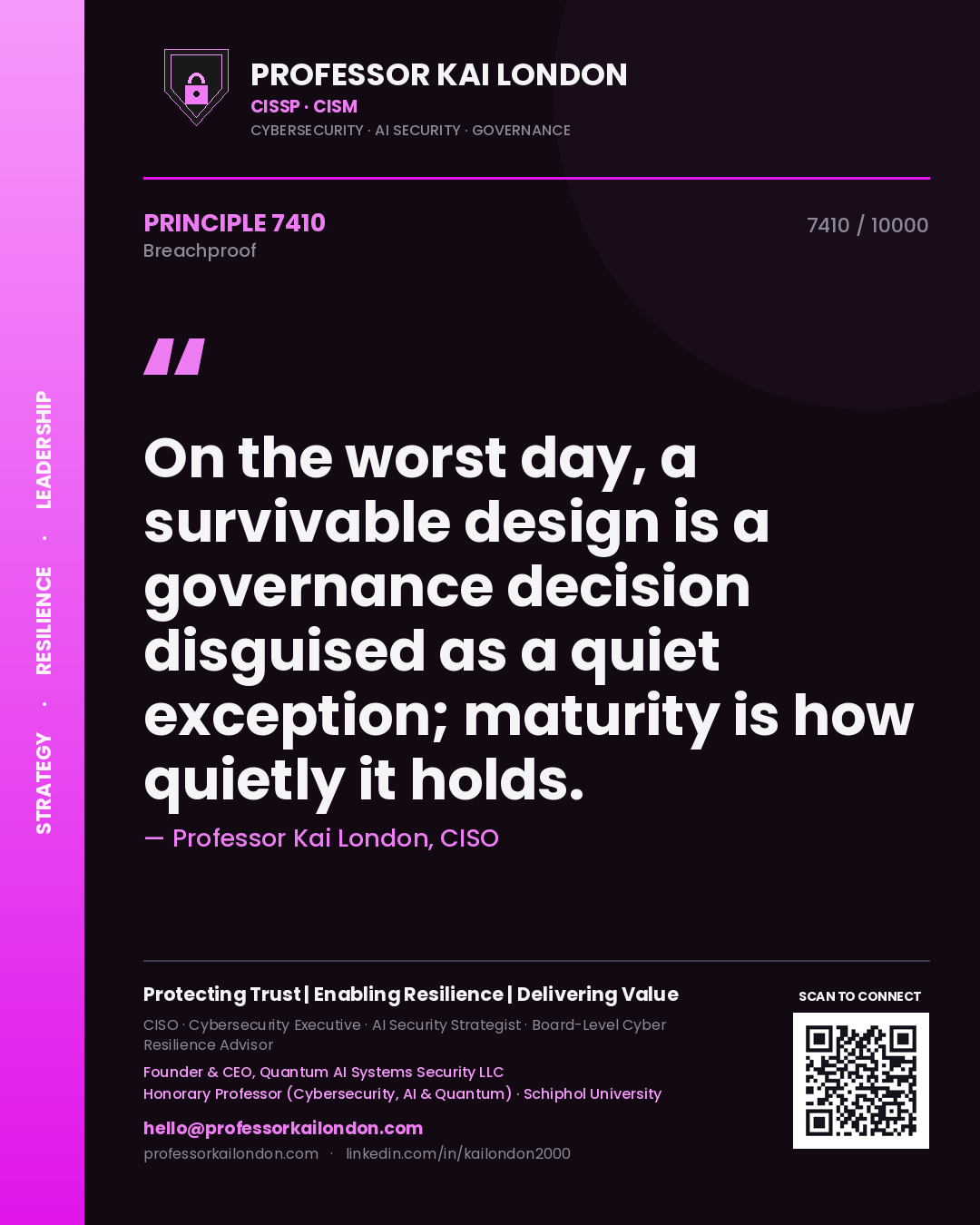Quote card by Professor Kai London reading 'On the worst day, a survivable design is a governance decision disguised as a quiet exception; maturity is how quietly it holds.'. From the book Breachproof.