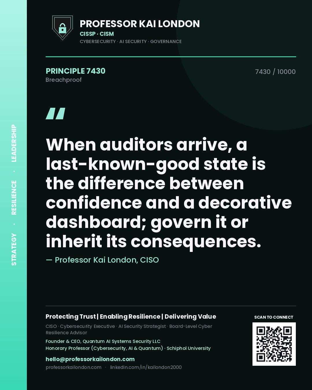 Quote card by Professor Kai London reading 'When auditors arrive, a last-known-good state is the difference between confidence and a decorative dashboard; govern it or inherit its consequences.'. From the book Breachproof.