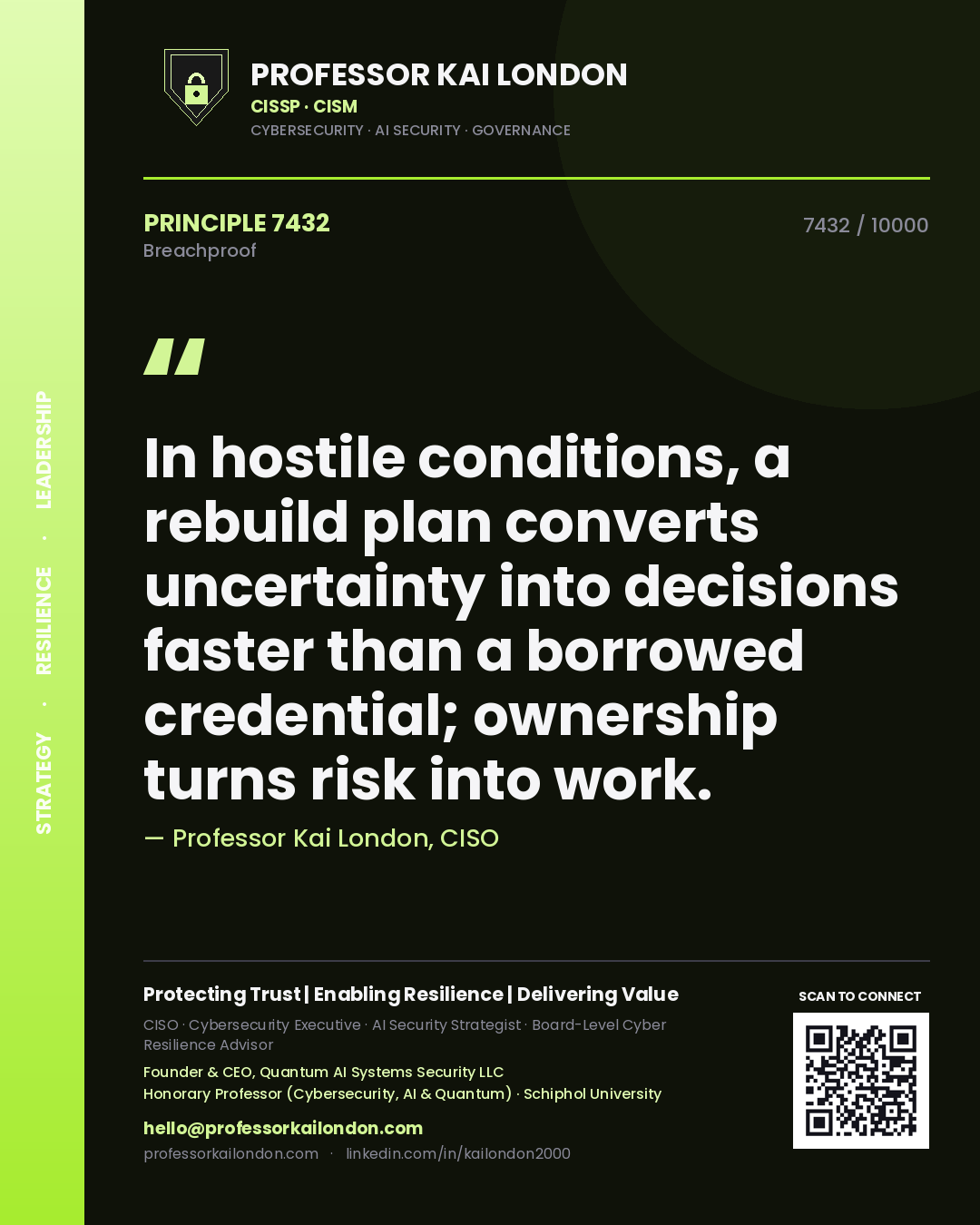 Professor Kai London principle 7432: In hostile conditions, a rebuild plan converts uncertainty into decisions faster than a borrowed credential; ownership turns risk into work.