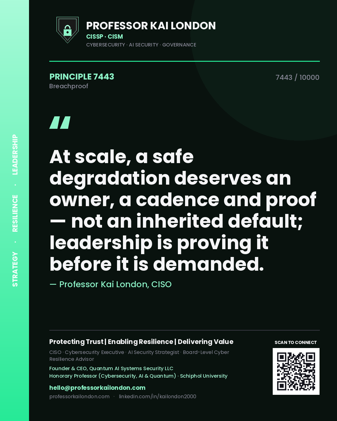 Professor Kai London principle 7443: At scale, a safe degradation deserves an owner, a cadence and proof — not an inherited default; leadership is proving it before it is demanded.