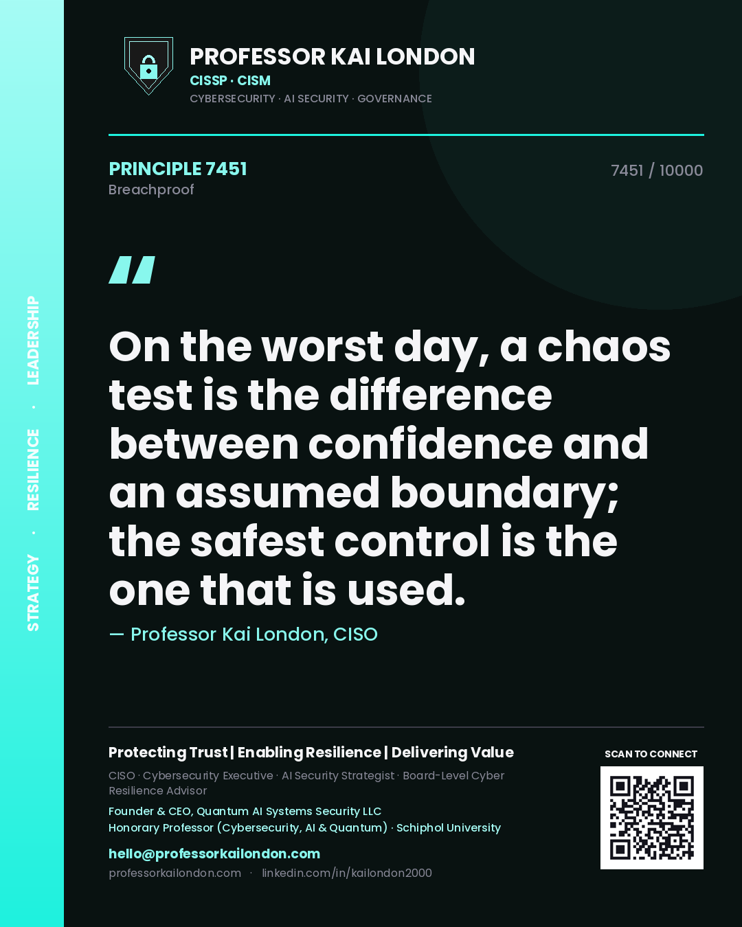 Professor Kai London principle 7451: On the worst day, a chaos test is the difference between confidence and an assumed boundary; the safest control is the one that is used.