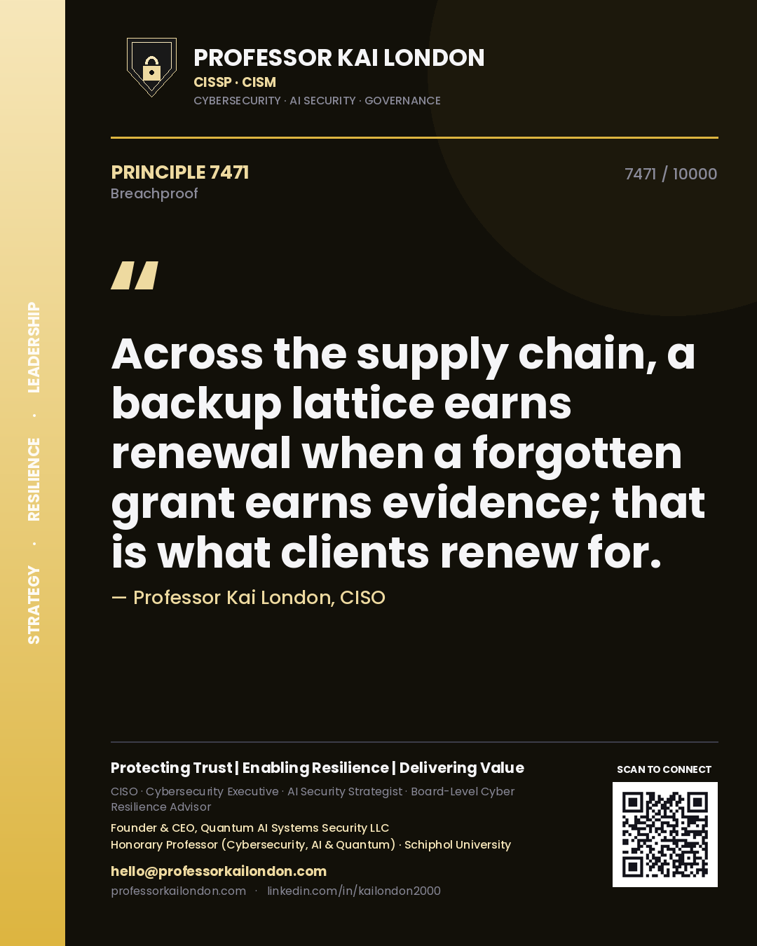 Professor Kai London principle 7471: Across the supply chain, a backup lattice earns renewal when a forgotten grant earns evidence; that is what clients renew for.