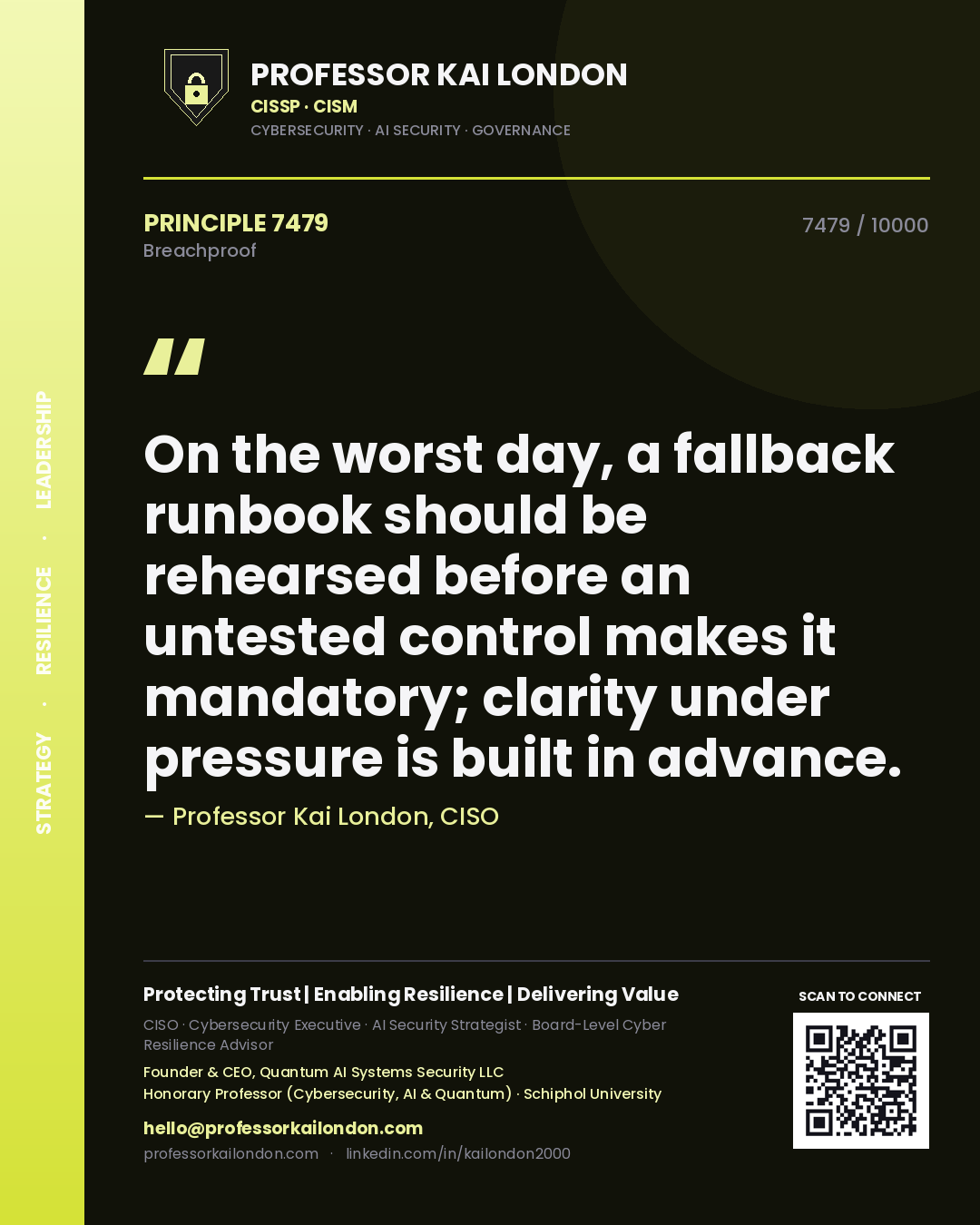 Quote card by Professor Kai London reading 'On the worst day, a fallback runbook should be rehearsed before an untested control makes it mandatory; clarity under pressure is built in advance.'. From the book Breachproof.