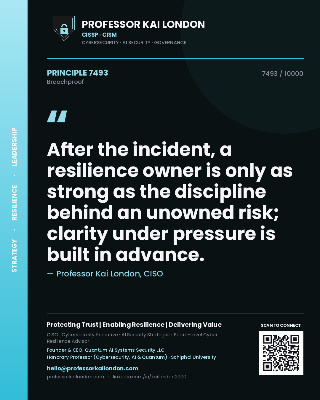Professor Kai London principle 7493: After the incident, a resilience owner is only as strong as the discipline behind an unowned risk; clarity under pressure is built in advance.