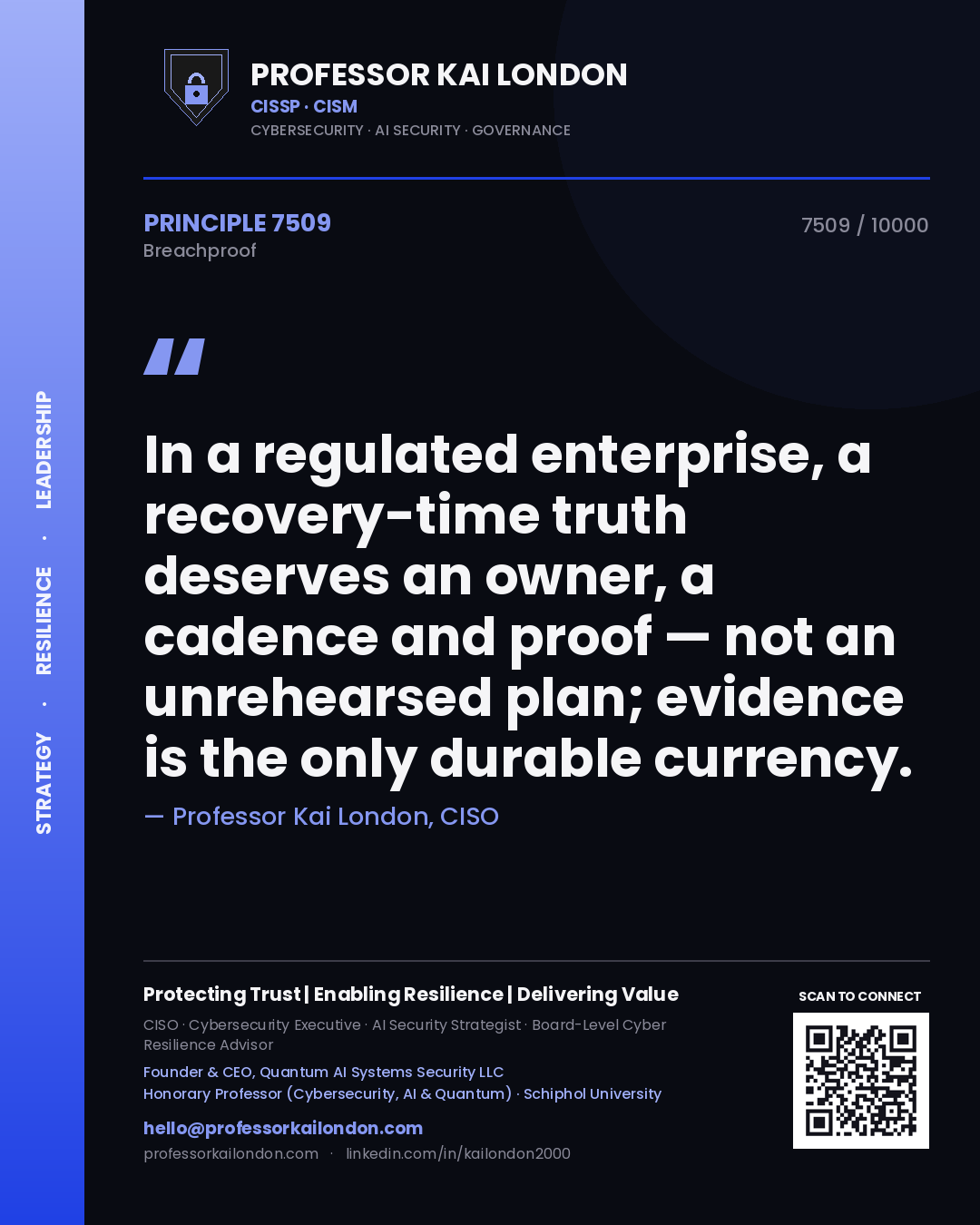 Quote card by Professor Kai London reading 'In a regulated enterprise, a recovery-time truth deserves an owner, a cadence and proof — not an unrehearsed plan; evidence is the only durable currency.'. From the book Breachproof.