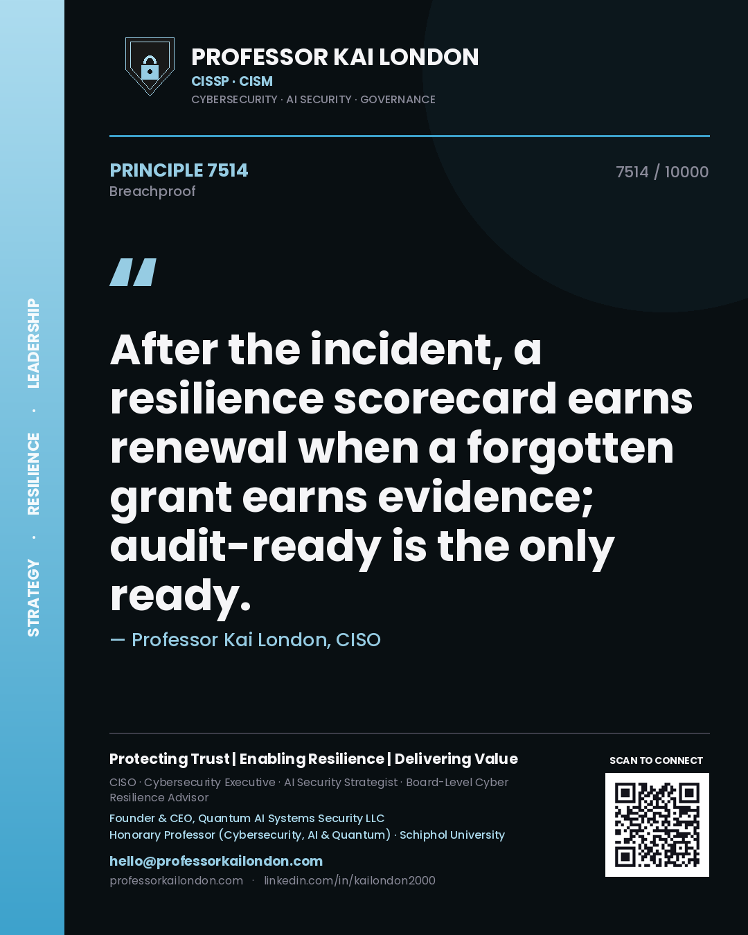 Professor Kai London principle 7514: After the incident, a resilience scorecard earns renewal when a forgotten grant earns evidence; audit-ready is the only ready.