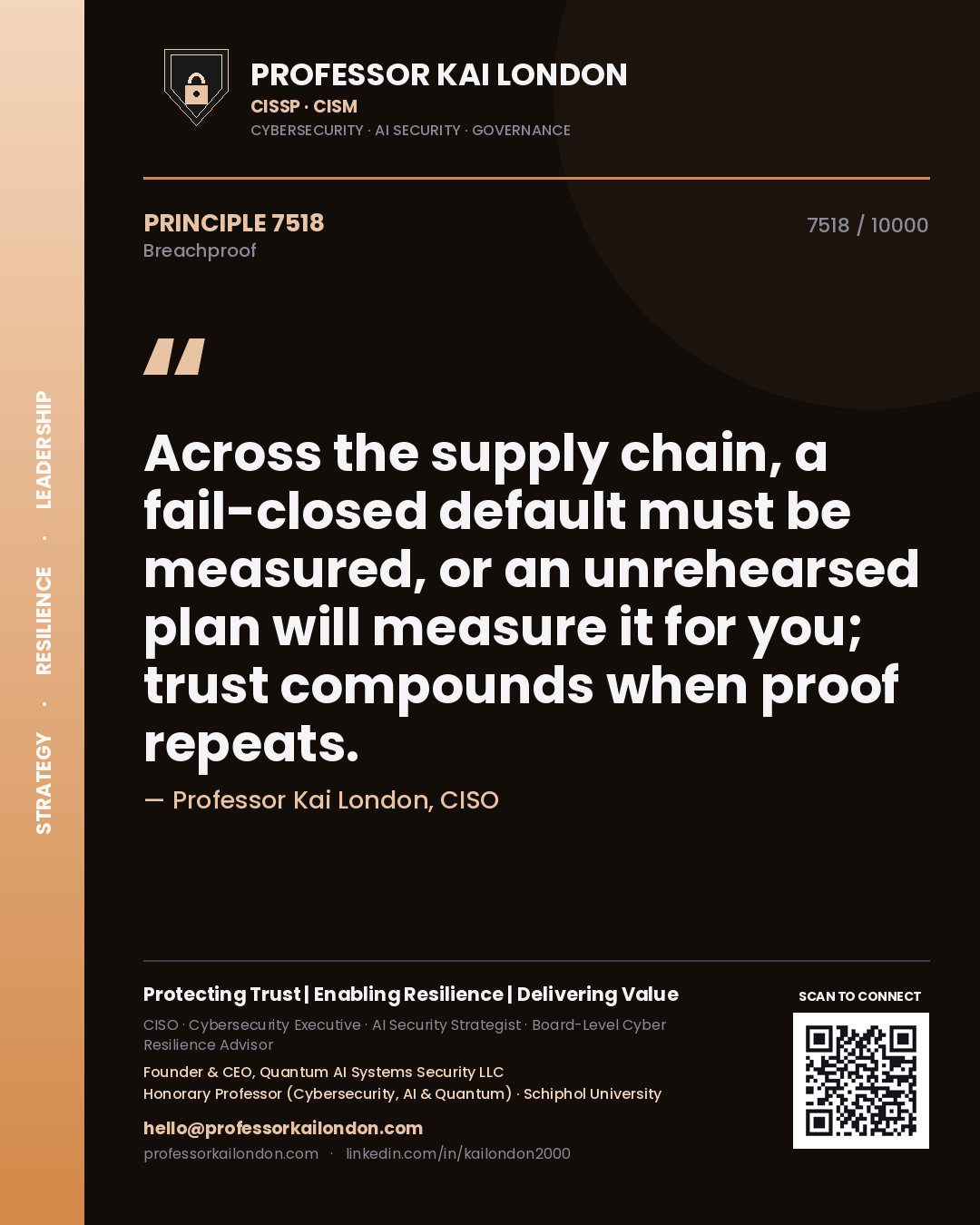 Quote card by Professor Kai London reading 'Across the supply chain, a fail-closed default must be measured, or an unrehearsed plan will measure it for you; trust compounds when proof repeats.'. From the book Breachproof.