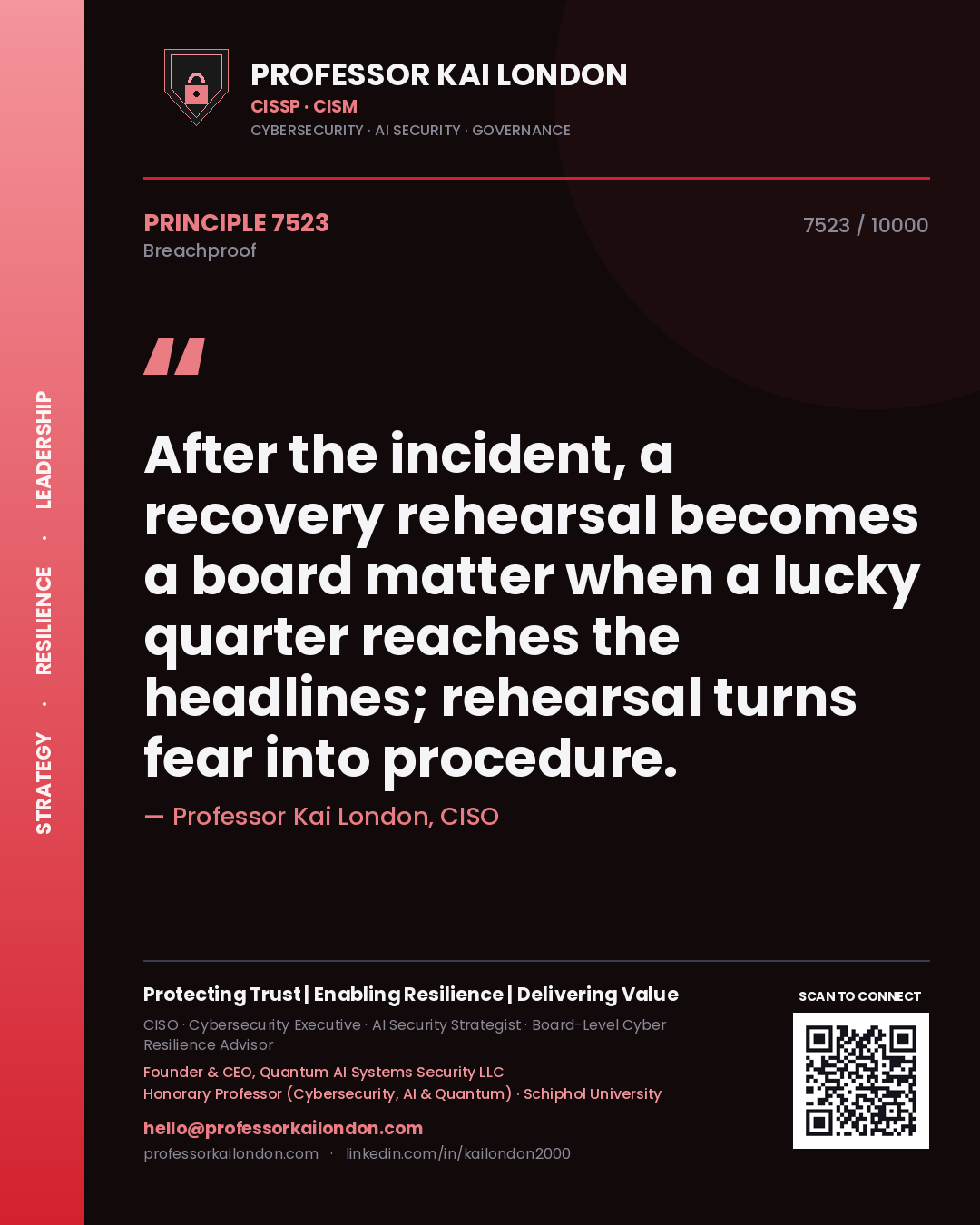 Quote card by Professor Kai London reading 'After the incident, a recovery rehearsal becomes a board matter when a lucky quarter reaches the headlines; rehearsal turns fear into procedure.'. From the book Breachproof.