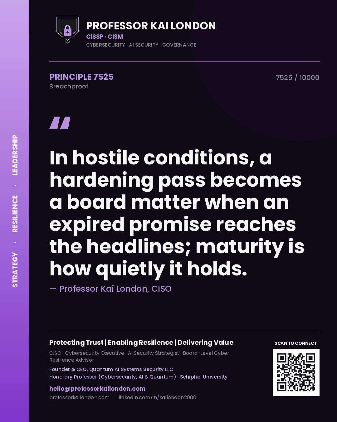 Quote card by Professor Kai London reading 'In hostile conditions, a hardening pass becomes a board matter when an expired promise reaches the headlines; maturity is how quietly it holds.'. From the book Breachproof.