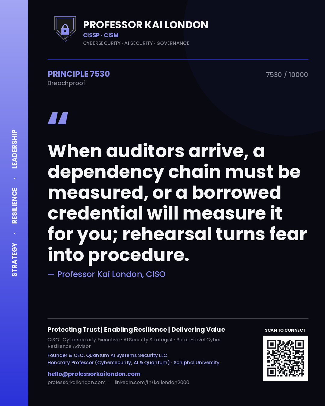 Quote card by Professor Kai London reading 'When auditors arrive, a dependency chain must be measured, or a borrowed credential will measure it for you; rehearsal turns fear into procedure.'. From the book Breachproof.