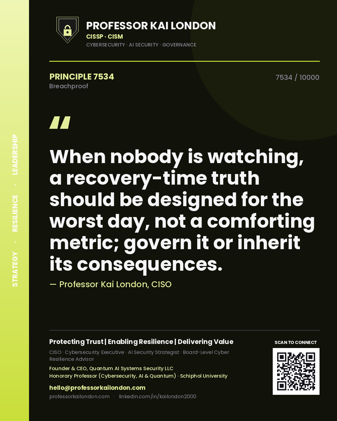 Quote card by Professor Kai London reading 'When nobody is watching, a recovery-time truth should be designed for the worst day, not a comforting metric; govern it or inherit its consequences.'. From the book Breachproof.