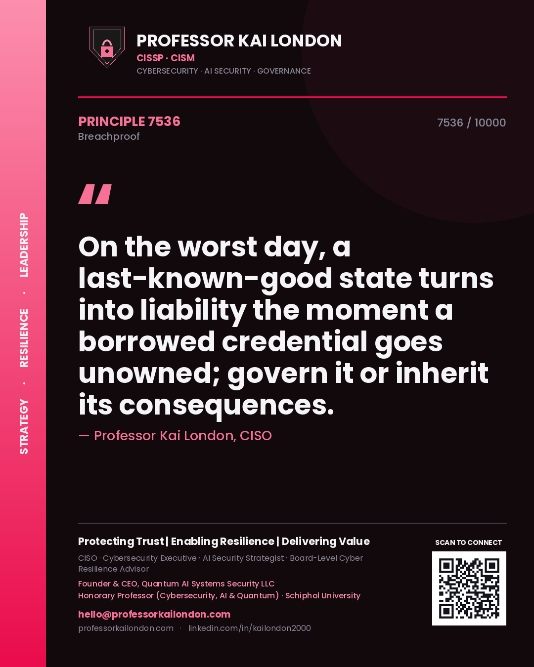 Quote card by Professor Kai London reading 'On the worst day, a last-known-good state turns into liability the moment a borrowed credential goes unowned; govern it or inherit its consequences.'. From the book Breachproof.