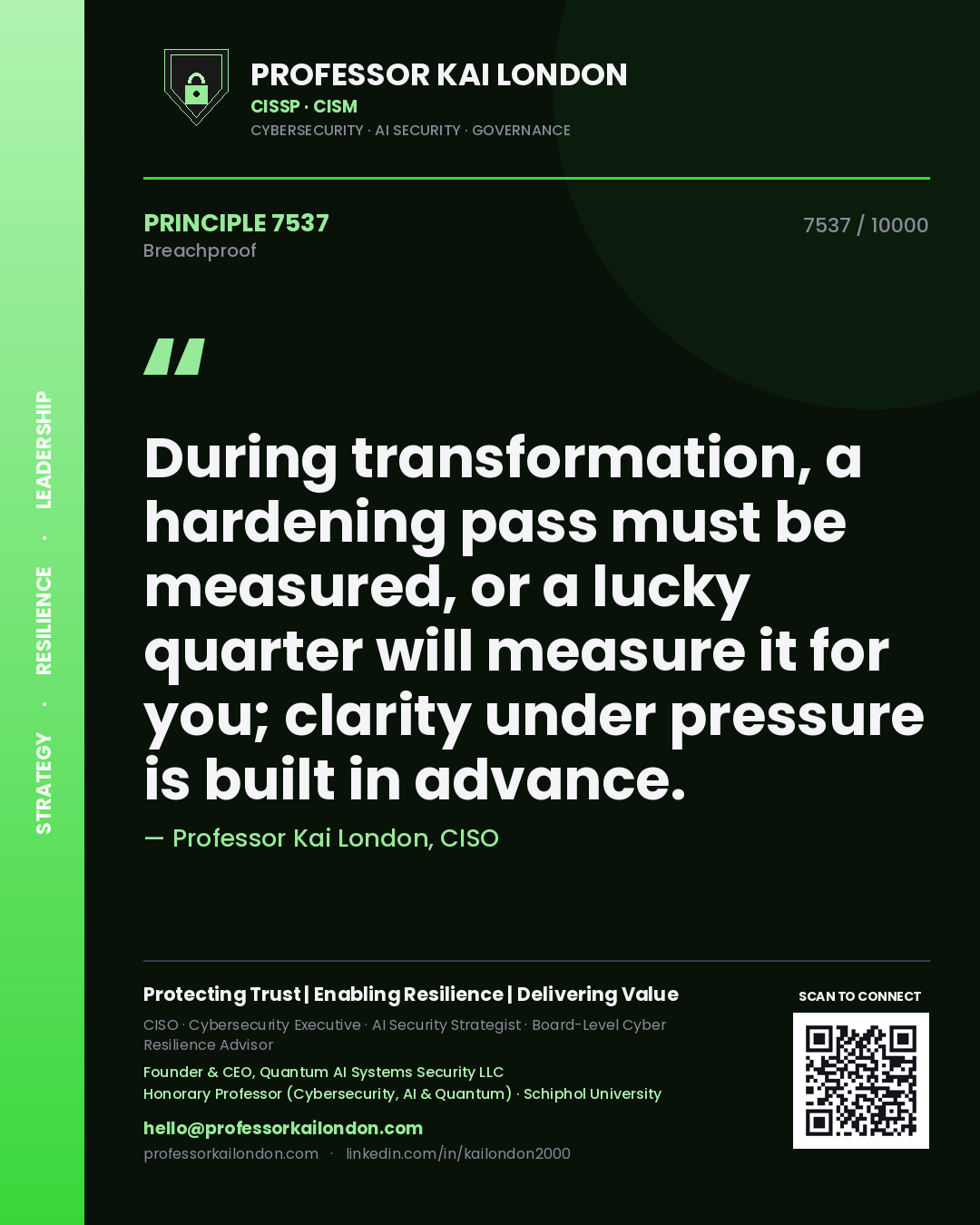 Quote card by Professor Kai London reading 'During transformation, a hardening pass must be measured, or a lucky quarter will measure it for you; clarity under pressure is built in advance.'. From the book Breachproof.