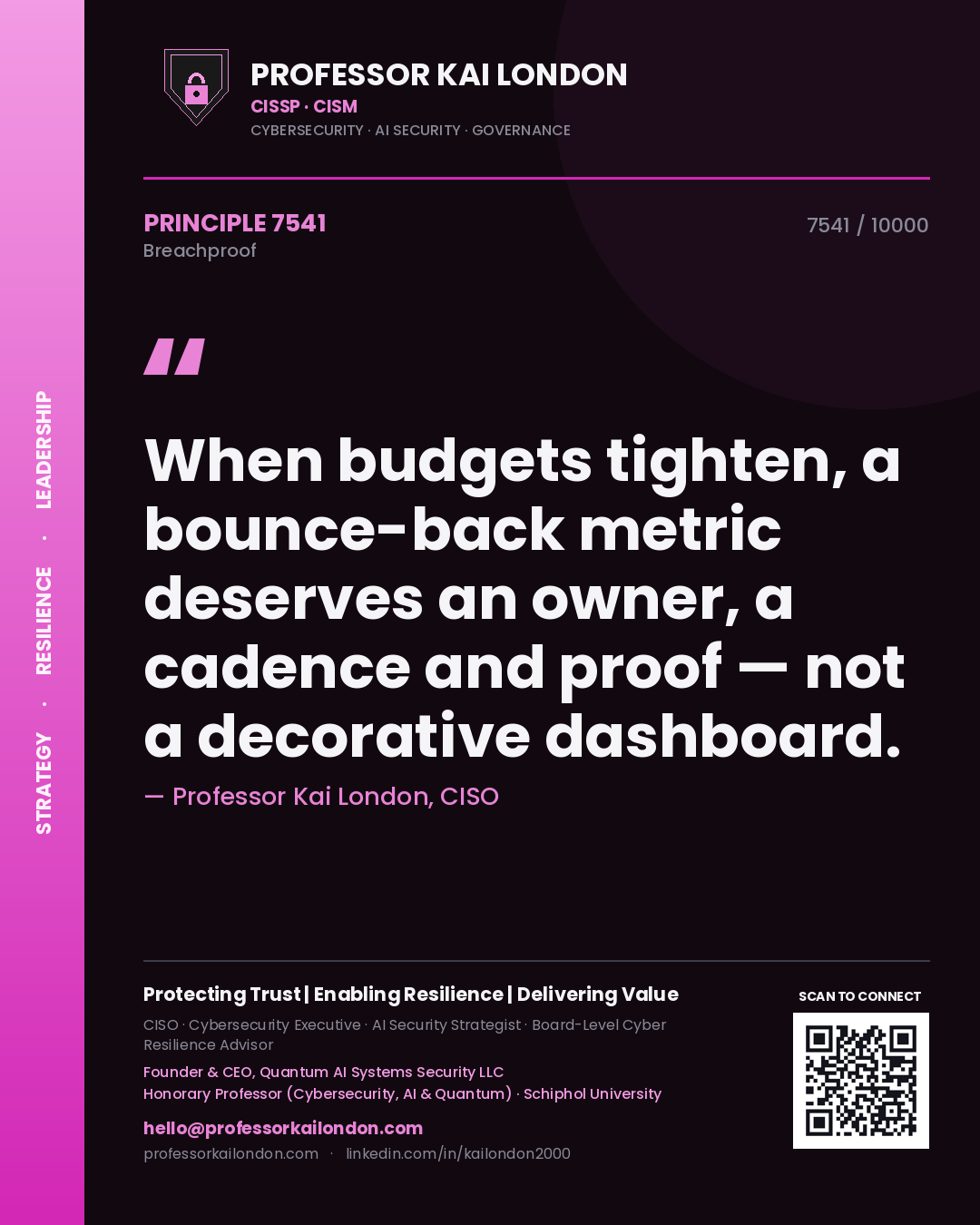 Quote card by Professor Kai London reading 'When budgets tighten, a bounce-back metric deserves an owner, a cadence and proof — not a decorative dashboard.'. From the book Breachproof.
