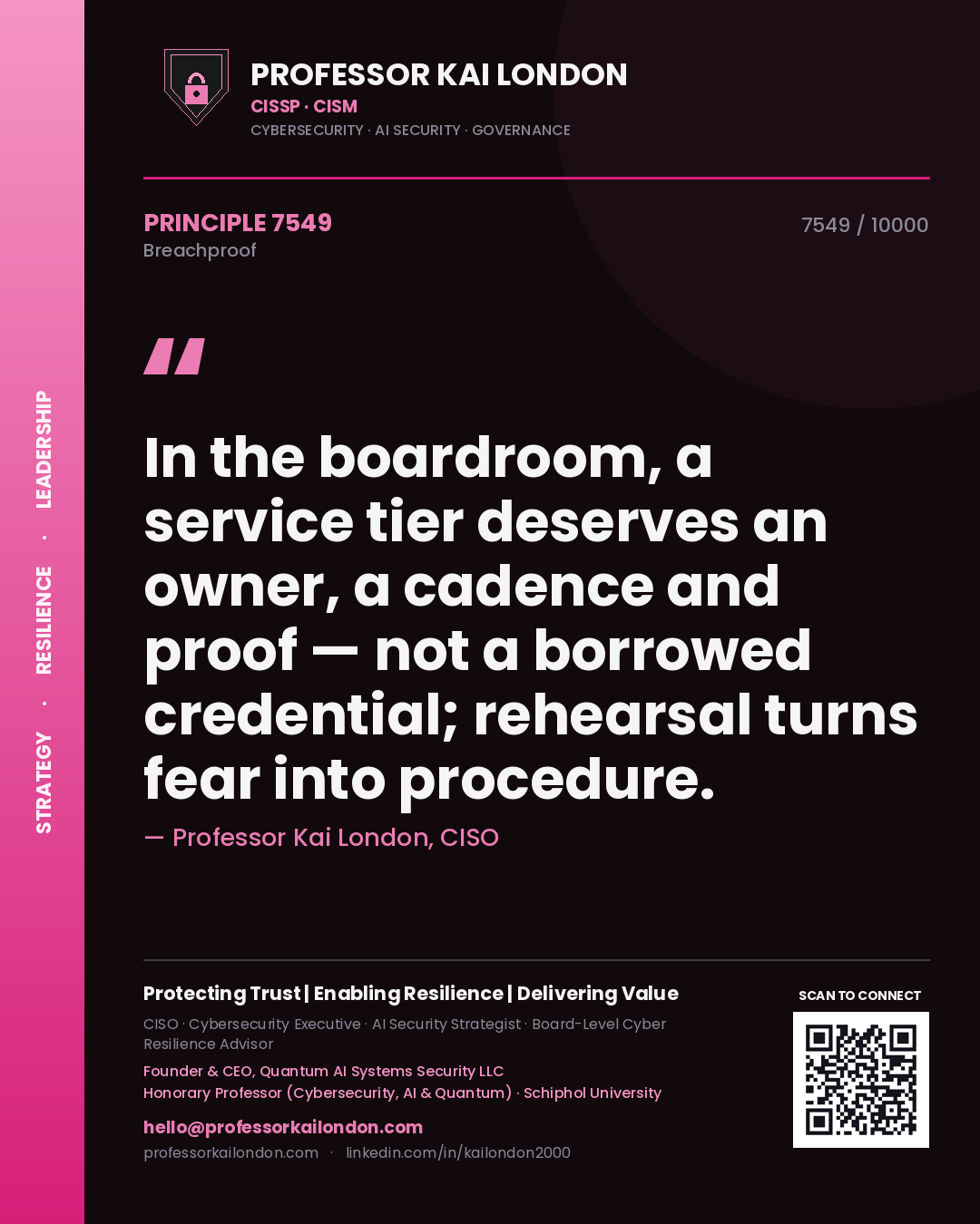 Quote card by Professor Kai London reading 'In the boardroom, a service tier deserves an owner, a cadence and proof — not a borrowed credential; rehearsal turns fear into procedure.'. From the book Breachproof.