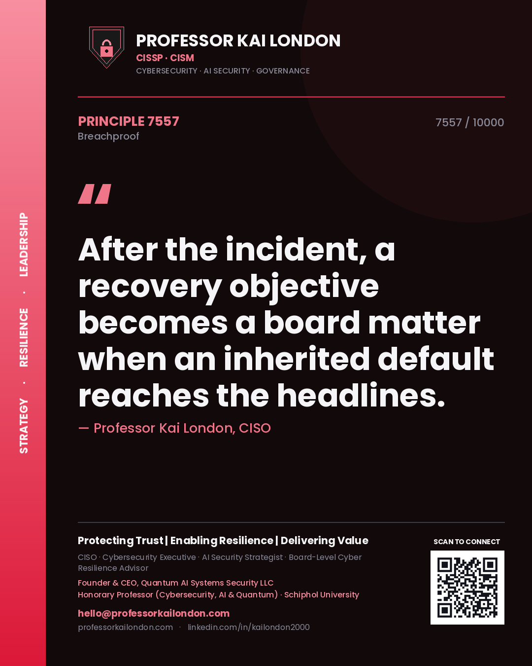 Quote card by Professor Kai London reading 'After the incident, a recovery objective becomes a board matter when an inherited default reaches the headlines.'. From the book Breachproof.