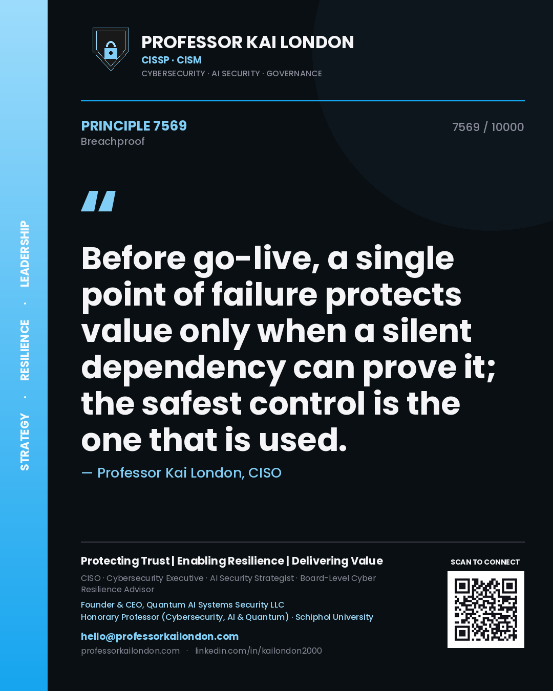 Professor Kai London principle 7569: Before go-live, a single point of failure protects value only when a silent dependency can prove it; the safest control is the one that is used.